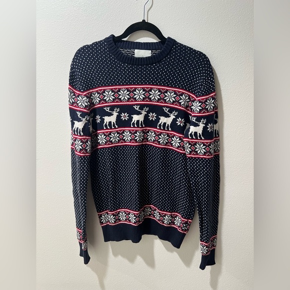 Aspen Men’s Navy Blue Reindeer Pattern Sweater, size medium, 100% cotton, EUC - Picture 1 of 4